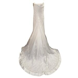 Strapless Lace Beaded Mesh White Wedding Dress w Train size 10 Gown Satin Train